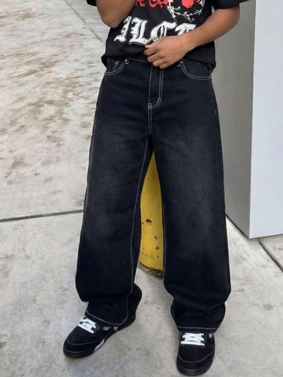 青少年男孩时尚休闲 Y2K 复古酷炫街头舒适柔软牛仔宽松弧形剪裁牛仔裤日常穿着以及春夏锐舞节和街头服饰 - 黑色 - 查看 1