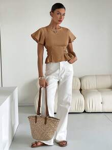 Siren Gaze 女式纹理面料圆领盖袖收腰盖袖衬衫，夏季 - 摩卡棕 - 查看 4