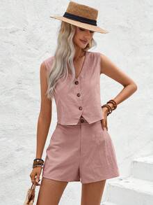 Wildy BOHO Women's V-Neck Button Front Vest Shirt With A-Line Hem Shorts, Cotton Washed Casual Vacation 2-Piece Set - Baby Pink - View 7