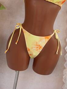 Bellisia Bộ bikini 3 món in họa tiết hoa màu nước, gồm áo bikini buộc dây cổ, quần bikini buộc dây bên hông và váy sarong, thích hợp cho kỳ nghỉ hè. - Nhiều màu - Xem 3