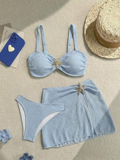 Soleia Conjunto de traje de baño de 3 piezas de talla grande para mujer, estilo de vacaciones en la playa, unicolor, tela texturizada, decoración de estrella de mar de metal, parte delantera retorcida, top halter