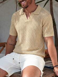 Manfinity Homme 男士纯色半拉链休闲镂空极简针织衫 男士钩针衬衫 男士纽扣针织Polo衫 V领短袖毛衣 男士开襟针织衫 男士夏季上衣 - 杏色 - 查看 2