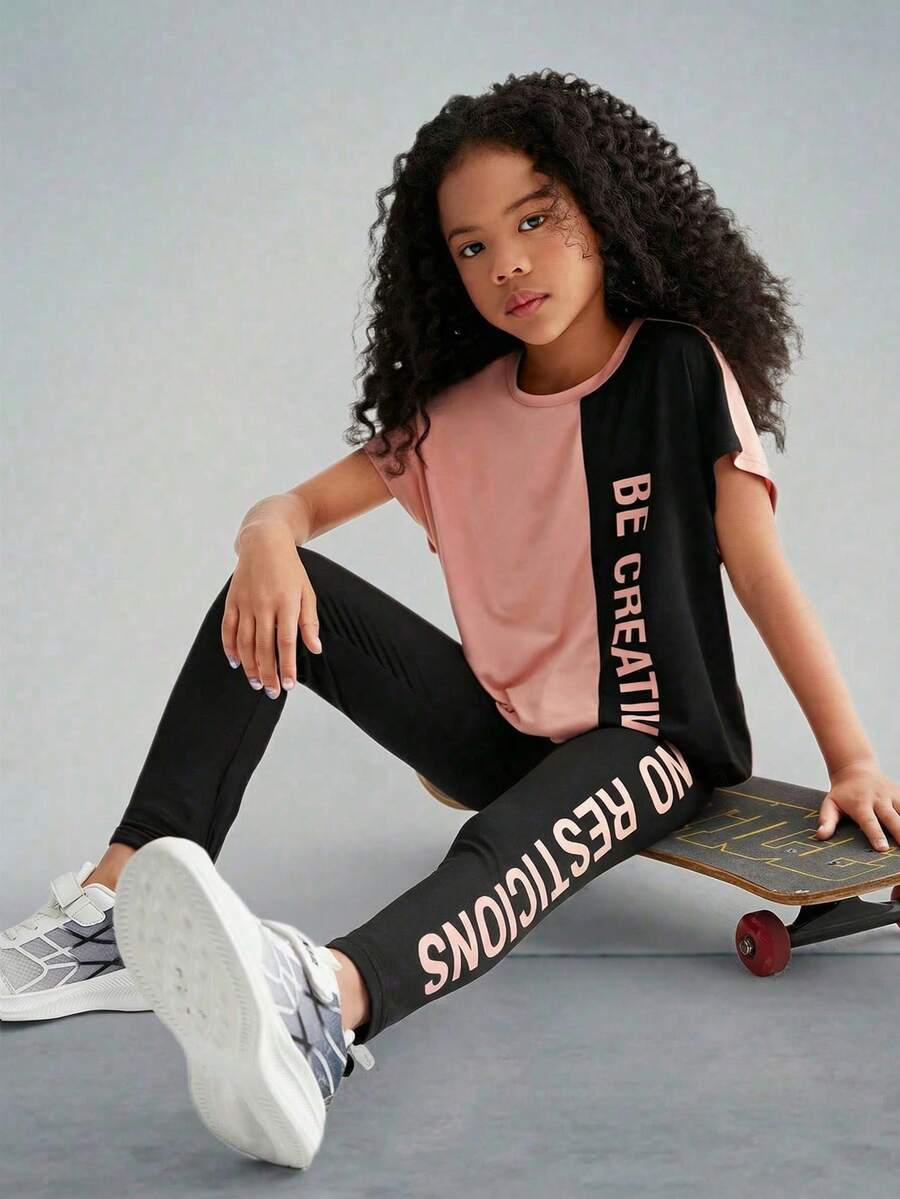 SHEIN Tween Girl Knitted Color Block Letter & Print Pattern Short Sleeve T-Shirt And Long Pants Sporty Outfit - Multicolor - View 1