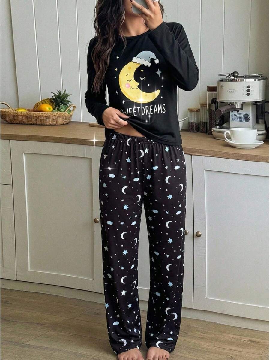 Genkimix Kids Girls Minimalist Fuchsia Eyelash Print Long Sleeve Top And Pants 2 Pieces Pajama Set - Black - View 1