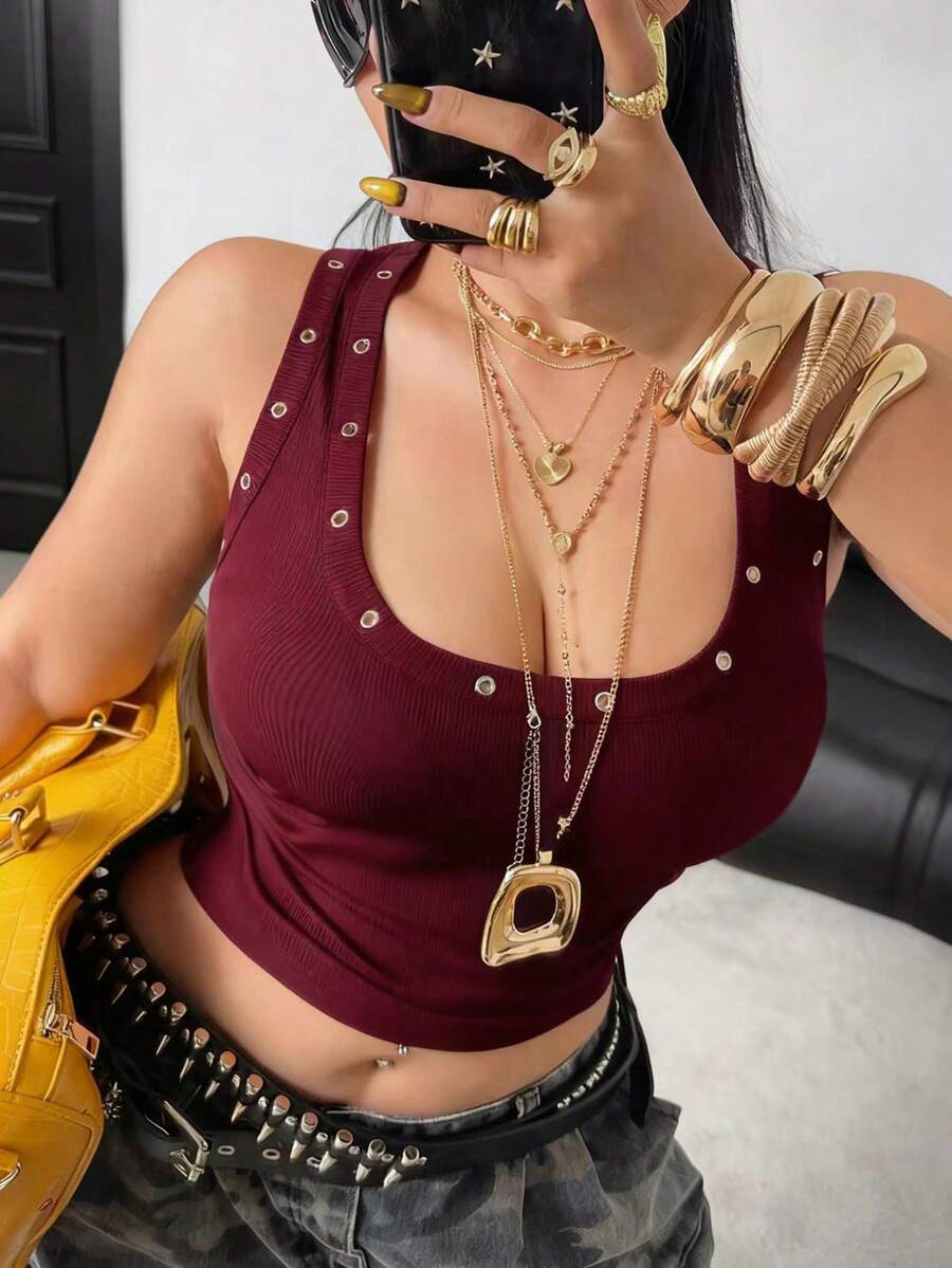 POPSWAY Áo corset bó sát phong cách Punk dành cho nữ cỡ lớn, trang trí kim loại, áo hai dây xếp nếp, áo khoác ngoài, áo nữ dễ thương, áo kiểu Y2K, áo quấn. - Màu Đỏ Sâu - Xem 1