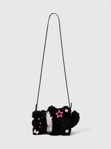 ROMWE Kawaii Black Plush Meow Lace Star Messenger Bag - Black - View 2
