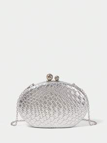 SHECARRY Fashionable & Elegant Silver Textured Clutch Bag For Party - Silver - View 2