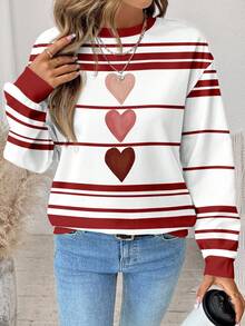 SHEIN LUNE Casual Minimalist Red Heart Pattern Round Neck Loose Fit Women Sweatshirt - Multicolor - View 3