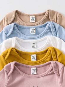 SHEIN 5pcs Baby Boy/Girl High Stretch Overlapping Shoulder Loose Brushed Fleece Soft Cartoon Bear & Dog Animal Print Knitted Romper - Multicolor - View 8