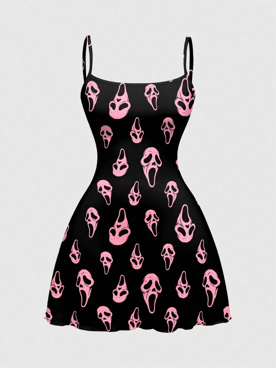 ROMWE Goth Mysterious Horror Mini Ghost Print Mini Dress For Women - Black - View 1