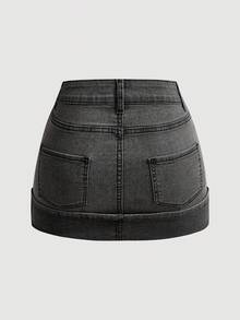 Sweetra Women's Fashionable Washed Rhinestone Embellished Fitted Mini Denim Skirt, Summer - Grey - View 2