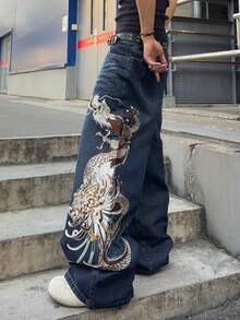 ROMWE MEN Men's Loose Fit Dragon Embroidery Design Jeans - Dark Wash - View 4