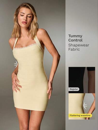 Nuvra Đầm hè gợi cảm tối giản màu trơn viền ren cổ yếm buộc dây dành cho nữ