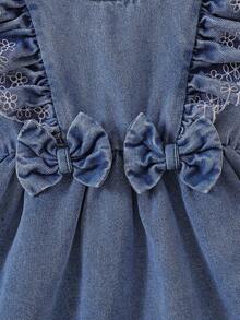 SHEIN Vintaside Kids Girls' Denim Dress With Lace Trim Ruffle Sleeves, Sweet Casual Pleated Waist For, Baby Girl - Blue - View 9