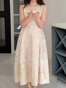 DAZY Tween Girl Floral Jacquard Sleeveless Round Neck Fashion Party Dress - Apricot - View 8