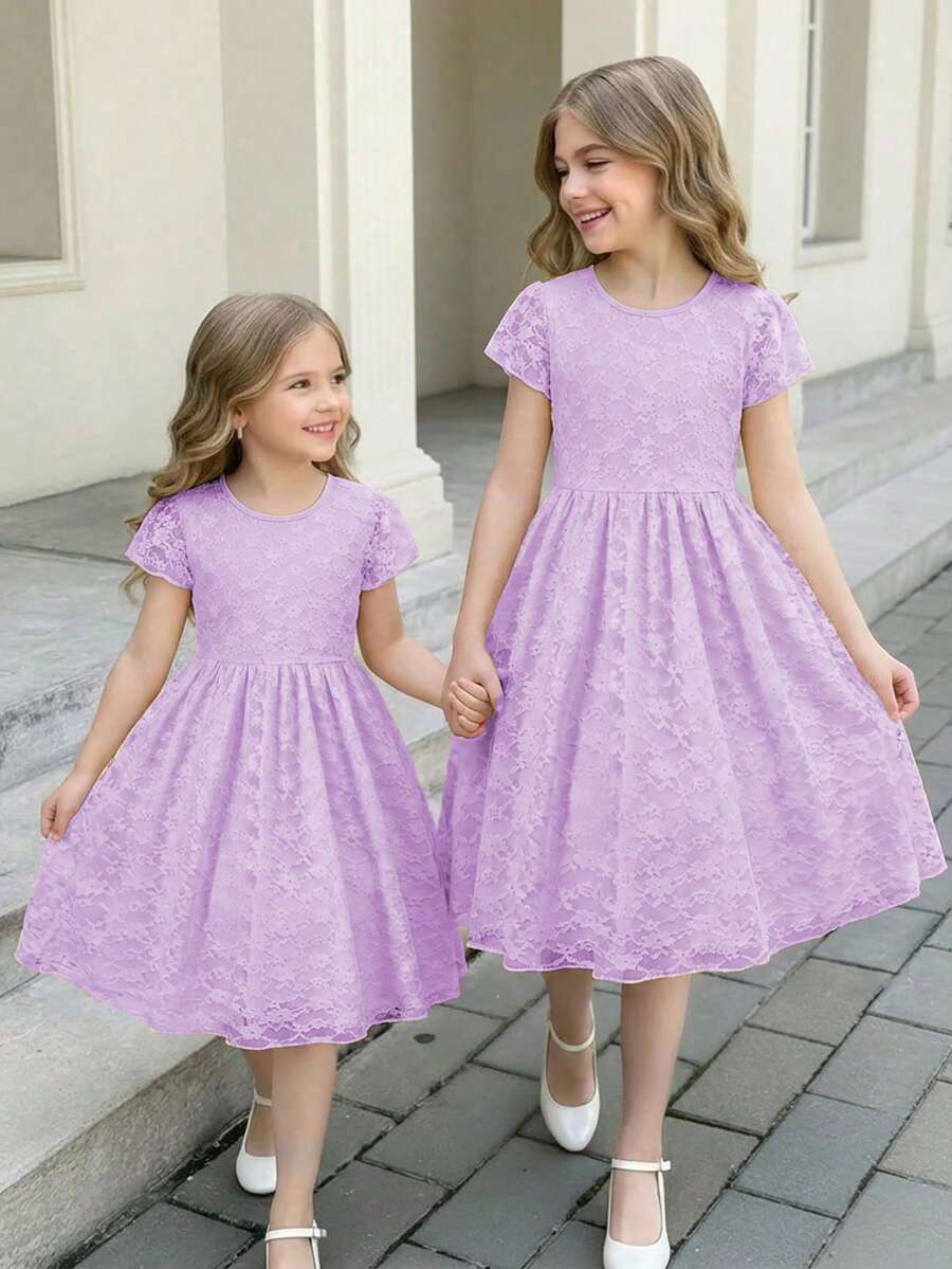 Đầm chữ A tay ngắn màu vàng ren kiểu dáng ngọt ngào cho bé gái tuổi teen, nhẹ nhàng, thích hợp cho mùa xuân/hè, đi nghỉ mát và mặc hàng ngày. - Màu tím hoa cà - Xem 1