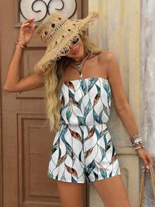 Brillora 女士休闲简约度假波西米亚风印花抹胸连体裤，适合外出、派对、婚礼、海滩、音乐节、嘉年华、生日、旅行等场合。 - 白色 - 查看 5