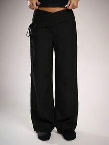 Avantive Women's Casual Solid Color Waist Tie Straight Leg Pants - Black - View 4