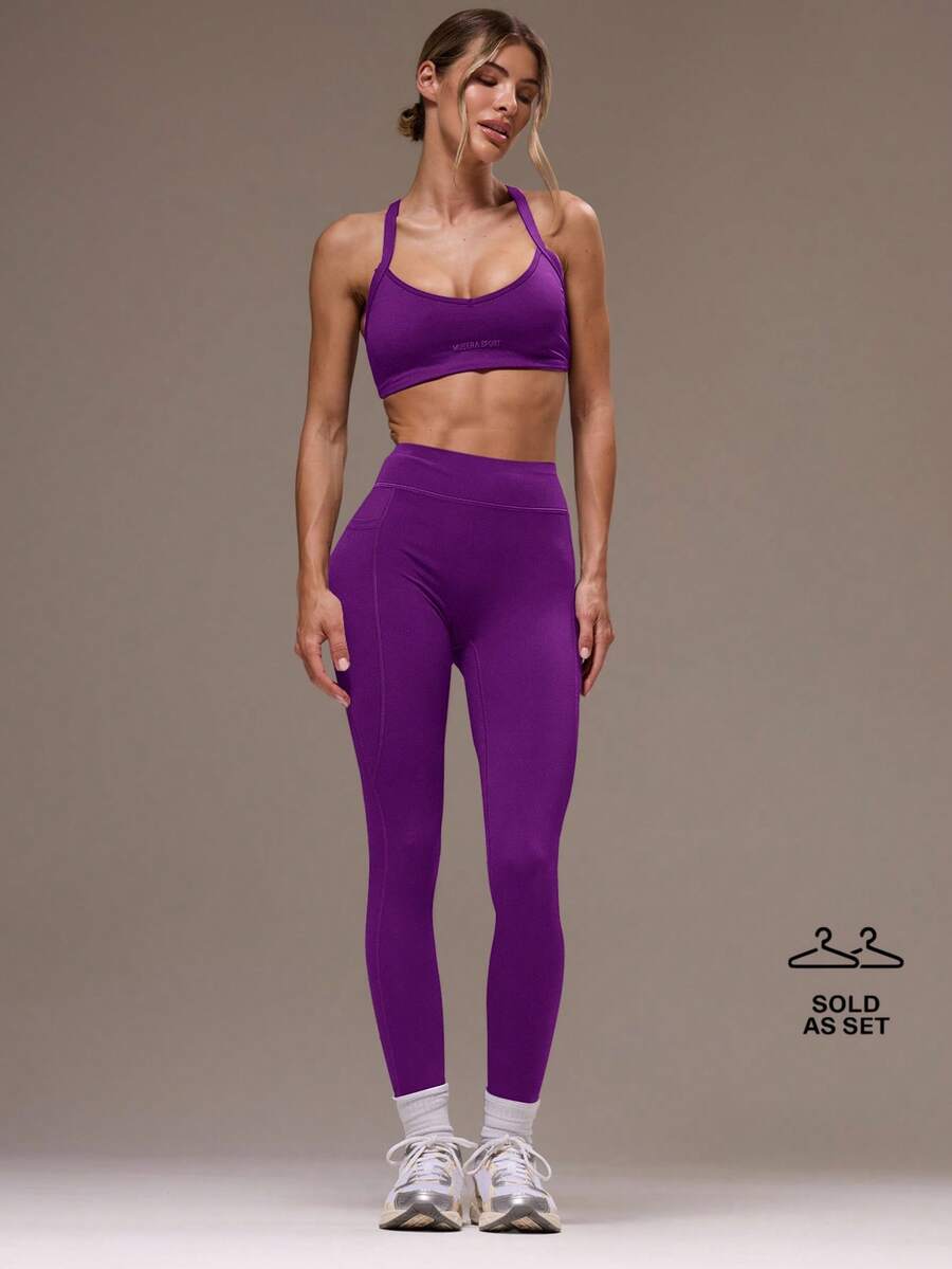 Musera Sport 女士交叉露背上衣和紧身裤运动套装,适合健身房锻炼 - 紫羅蘭色 - 查看 1