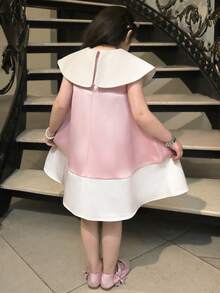 年轻女孩宽松优雅拼接撞色大翻领蝴蝶结装饰连衣裙 - 粉色 - 查看 4