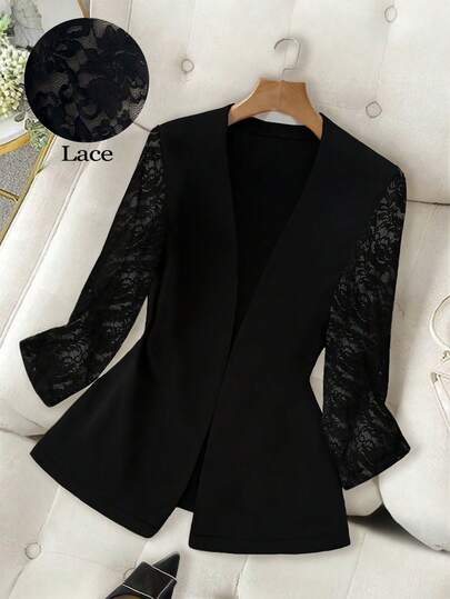 Elenzga Plus Size Women Lace Long Sleeve Coat, Fashion Versatile, Suitable For Summer Graduation Ceremony, Back To School Season, Teacher , Autumn Women
