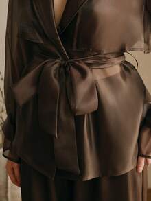 Anewsta 摩卡棕色时尚翻领系腰带修身短款夹克，百搭显瘦长袖，春夏款 - 摩卡棕 - 查看 8