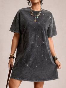 SHEIN LUNE 大码女式夏季黑色T恤连衣裙，摇滚风T恤连衣裙，圆领短袖宽松舒适休闲运动连衣裙 - 黑色 - 查看 8