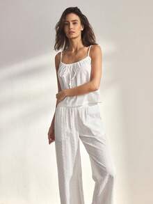 Ocili Women's Comfortable Cotton Cutout Bohemian Soft Drawstring Relaxed Casual Jumpsuit, Chic Autumn Loungewear Set - White - View 2