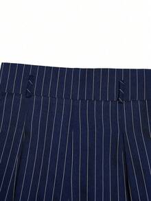 Selianne 女士新款藏蓝色条纹西装裤，高腰优雅时尚高端褶裥弹力腰直筒宽松阔腿休闲裤，适合春秋季、日常通勤，百搭 - 藏蓝色 - 查看 4