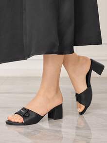 Sleekvia Black Classic Square Toe Chunky Mid Heel Sandals Valentine's Day - Dark black - View 3