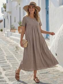 Faunlyn Women's Solid Color Round Neck Short Sleeve Pleated Pocket Casual Loose Dress - Brown - View 4