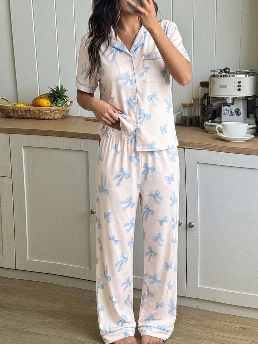 2pcs Teen Girl Pajamas  Casual Bow Tie Printed Short Sleeve Top And Loose Pants Loungewear Set