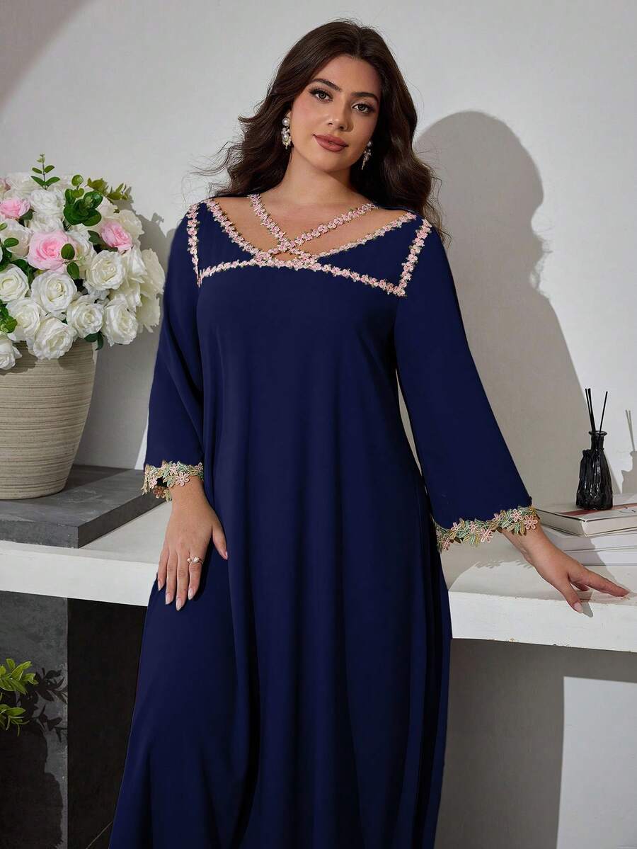 Al Najma Đầm dài tay dáng rộng thoải mái kiểu Ả Rập dành cho nữ cỡ lớn, khoét ren, phối ren, kiểu dáng thường ngày. - Màu xanh hải quân - Xem 1