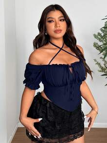 SHEIN LUNE Áo kiểu nữ cỡ lớn, màu trơn, bèo nhún, trễ vai, xếp ly, cổ buộc dây. - Màu xanh hải quân - Xem 2