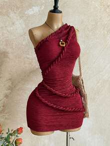 Soleia 新款度假风扭结肩带紧身迷你连衣裙，波西米亚风，度假风，秋季女装，复古风，假日风 - 酒紅色 - 查看 7