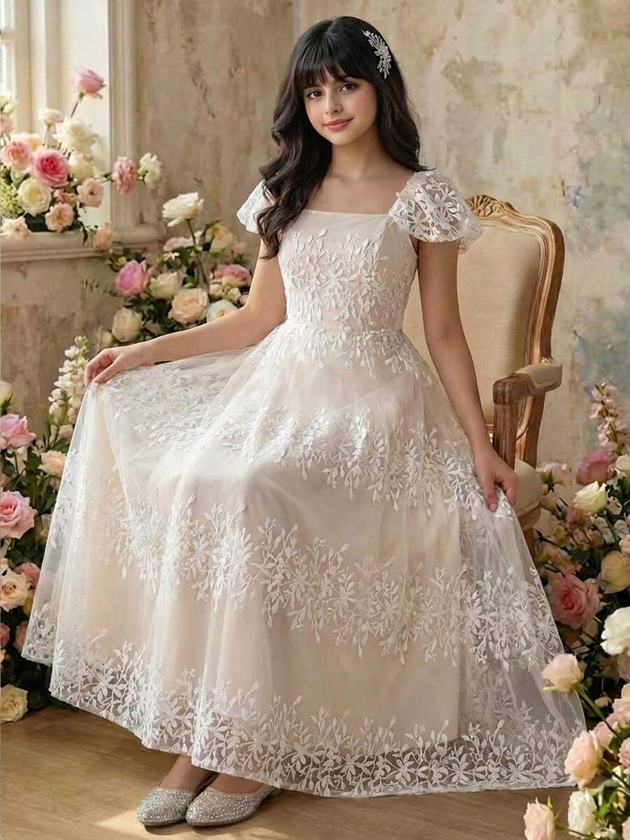 Pitira 少女优雅甜美网纱刺绣收腰修身连衣裙，舒适时尚的夏季服装，少女宾客婚礼礼服，少女优雅蕾丝奶油色连衣裙，少女泡泡袖长裙，少女伴娘礼服，少女优雅米白色蕾丝连衣裙 - 白色 - 查看 1
