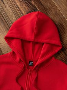 Attitoon 1pc Women Loose Fit Zip-Up Sweatshirt With Heart Embroidery, Drawstring, Casual For Autumn/Winter, Valentine's Day, Red - Red - View 6