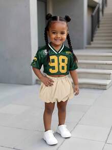 SHEIN 2pcs Baby Girl Knitted Letter & Number Pattern V-Neck Casual T-Shirt And Shorts Set - Multicolor - View 2