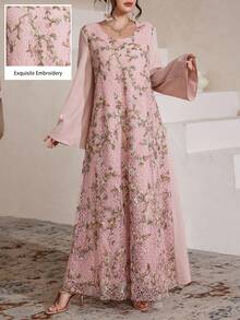 SHEIN Najma 女士优雅花卉刺绣蕾丝宽松喇叭袖圆领度假风连衣裙 - 粉色 - 查看 1