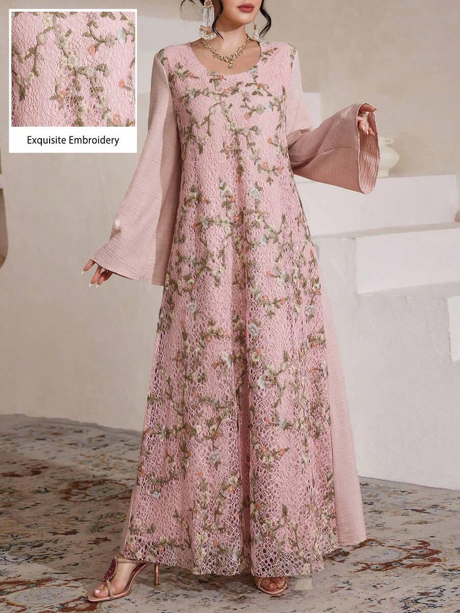 SHEIN Najma 女士优雅花卉刺绣蕾丝宽松喇叭袖圆领度假风连衣裙 - 粉色 - 查看 1
