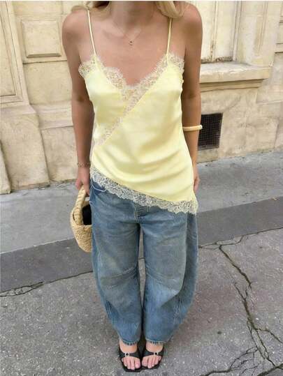 Aloruh Women's Fashion Sexy Lace Patchwork Cami Top, Concert Rave Festival Country Concert Ibiza Nashville Western Wear Boho Streetwear Tropical Gyaru Western Wear Sexy Y2K Yellow Lace-Trimmed Satin Cami Top