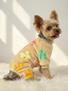 PETSIN 1件宠物猫狗通用卡其色抓绒保暖爪印骨头印花法兰绒连帽连体衣 - 彩色 - 查看 3