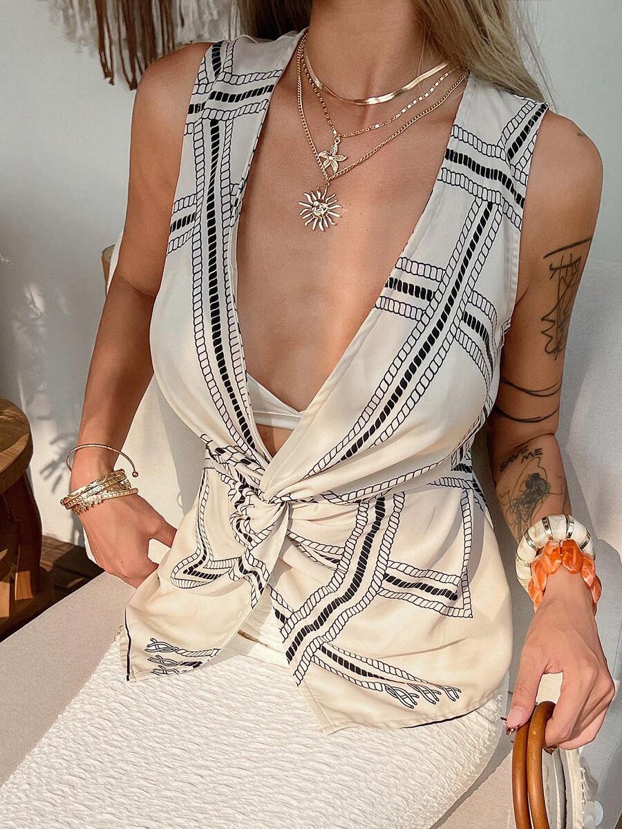 Livesso Women's Geometric Pattern Striped Cropped Top,Front Twist Design,Sleeveless Blouse,Beige,Summer,Boho,Vacation,Holiday,Music Festivals,Casual,Beach - Beige - View 1