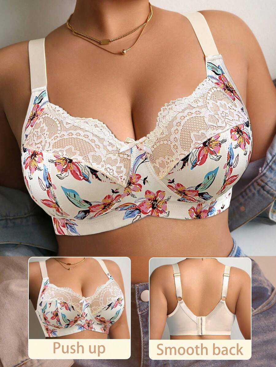 DesireSculpt 1 pieza Sujetador inalámbrico de encaje y parches para tallas grandes - Multicolor - Ver 1