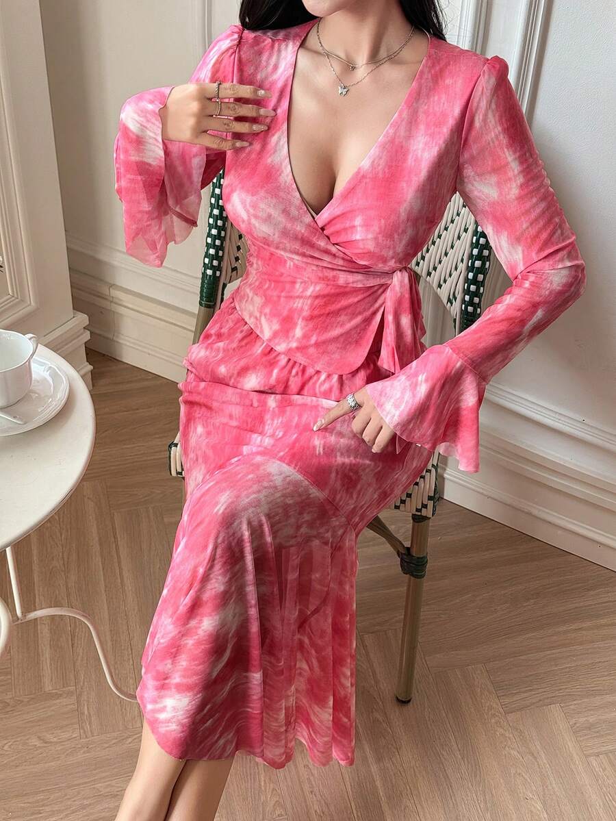 DAZY 女士优雅花卉V领喇叭袖系带衬衫和鱼尾裙两件套，春夏款 - 粉色 - 查看 1