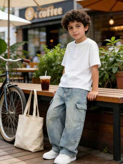 Denimly 男童休闲日常都市街头风弹力腰拉链口袋做旧设计直筒牛仔裤