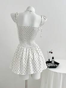 Elamini Y2K Cute Waist Cinched Polka Dot Print Mini Dress - Black and White - View 2