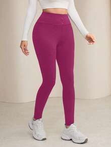 Modelyn Quần legging nữ màu trơn, thiết kế cài nút ở eo, kiểu dáng thường ngày thoải mái. - Màu Hồng Tươi - Xem 7