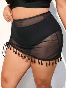 SHEIN CURVE+ 大码女式纯色流苏下摆休闲宽松黑色网纱半身裙，女士度假装，女士沙滩装 - 黑色 - 查看 4