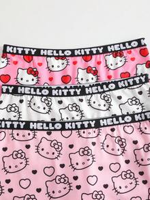HELLO KITTY AND FRIENDS | SHEIN 3条装女士可爱卡通爱心字母全印花松紧腰平角短裤 - 粉色 - 查看 3